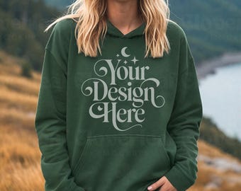 Maqueta de sudadera con capucha Forest Gildan 18500 G 18500 Maqueta de sudadera con capucha Gildan Sudadera con capucha y cuello redondo Maqueta de sudadera con capucha verde bosque para exteriores Maqueta POD