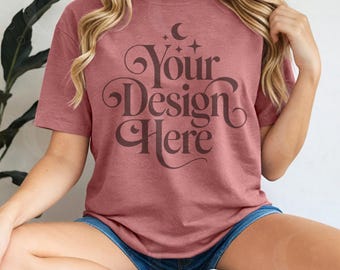 Heather Mauve Bella Canvas 3001 Shirt Mockup BC3001 Heather Mauve Tshirt Mock-up Mock BC 3001 Heather Mauve Casual Modell Simple Boho Mocks