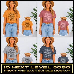 May include: A collection of four cropped t-shirts in mustard yellow, dusty rose, heather gray, and dark charcoal. Each shirt features the text 'YOUR DESIGN HERE' in a decorative script font on the front and back, paired with light blue jeans.
