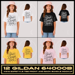 Könnte beinhalten: Eine Kollektion von Gildan 64000B Kinder-T-Shirt-Mockups in Weiß, Schwarz, Gelb und Hellrosa. Jedes T-Shirt zeigt den Text Your Design Here in einer dekorativen Schreibschrift auf der Vorder- und Rückseite. Die Shirts werden mit Fischerhüten getragen.