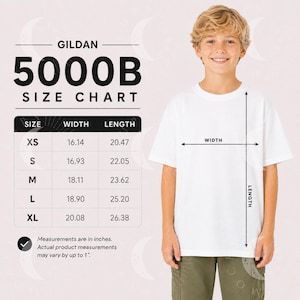 May include: A Gildan 5000B size chart for a white t-shirt. The chart lists sizes XS through XL with corresponding width and length measurements in inches. A diagram on the right shows how to measure the width and length of the white t-shirt.