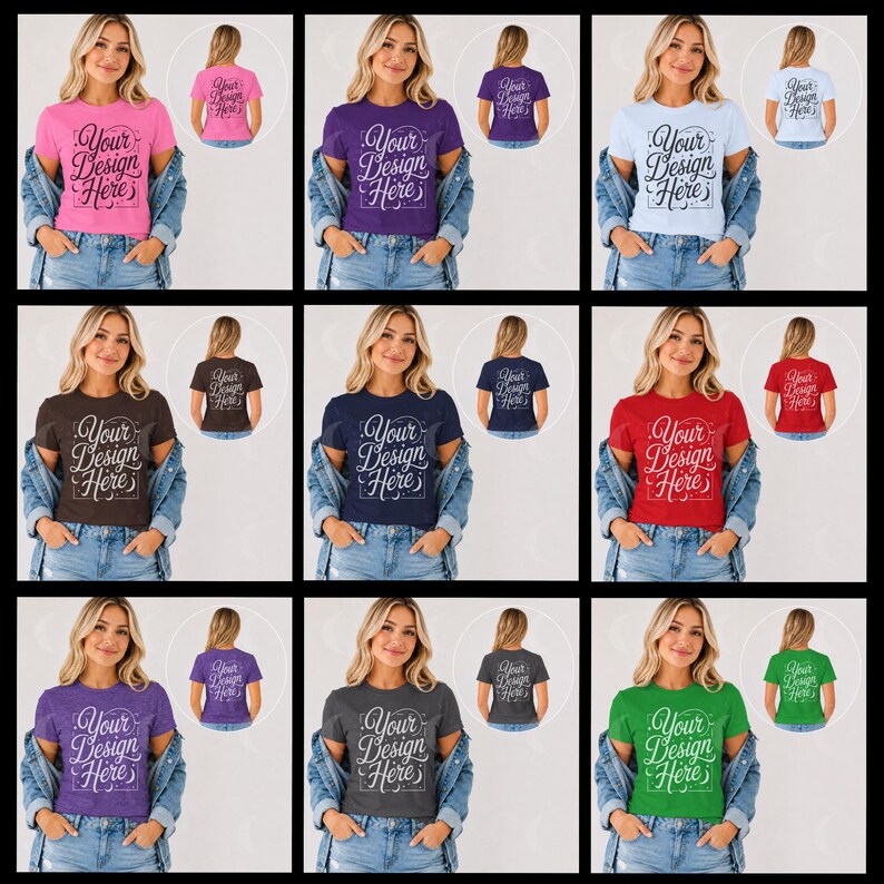 May include: A collection of nine short-sleeve crew neck t-shirts in various colors, each featuring the text Your Design Here in a decorative script font. Each shirt is layered under a blue denim jacket, showcasing both front and back views.