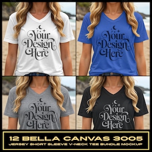 May include: A mockup of four Bella Canvas 3005 jersey short sleeve V-neck tees in white, blue, gray, and black. Each shirt features the text "Your Design Here" in a decorative font. The image is a tee bundle mockup.