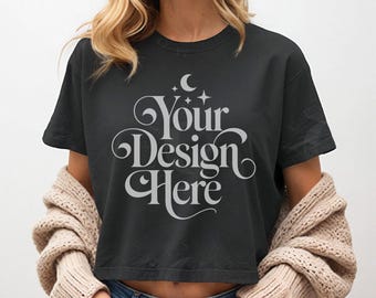Comfort Colors 3023CL Black Shirt Mockup 3023 Black Women's Boxy Tee Mock-up Crop T-Shirt Model Mocks Simple Crop Shirt Mock up