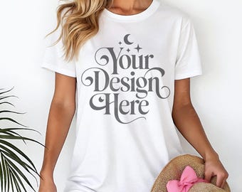 White Bella Canvas 3001 Beach Shirt Mockup BC3001 White T-Shirt Tropical Summer Themed Mock-up Bella Tee Summer Vibes TShirt Mocks