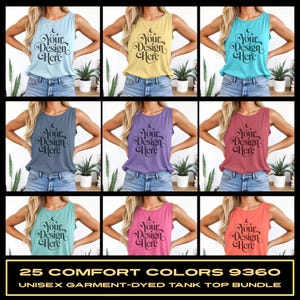 May include: A collage of nine images showcasing 25 different colors of a unisex garment-dyed tank top. The tank top has a scoop neck and a relaxed fit. The text "Your Design Here" is printed on each tank top.