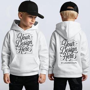 May include: White hoodie with a front pocket and a black baseball cap. The front of the hoodie features the text "Your Design Here" in a decorative font. The back of the hoodie also displays the same text.