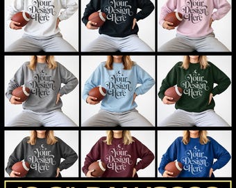 Gildan 18000 Football Theme Bundle Mockup Spieltag Rundhals-Sweatshirt Mock-up POD Display G 18000 Football Mom Sweater Aesthetic Mock up