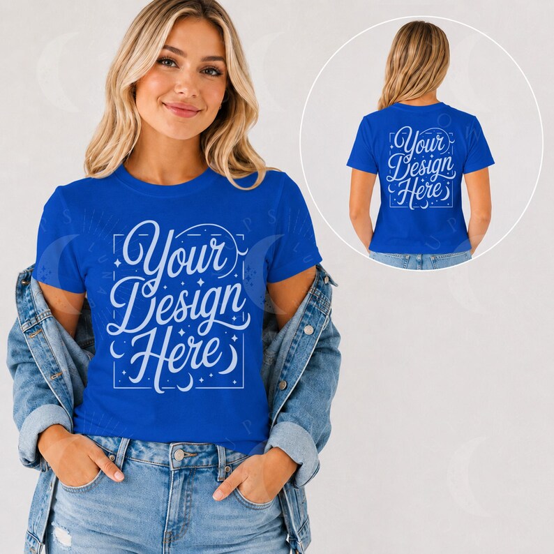 May include: A royal blue short-sleeve t-shirt featuring the white text "Your Design Here" in a decorative script font, framed by a rectangular border with small star and moon accents. The shirt is worn under a light blue denim jacket.
