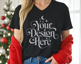 Black Bella Canvas 3005 Vneck Tshirt Christmas Mockup BC 3005 Xmas Themed Mock-up Women Jersey Short Sleeve V-Neck Tee Holiday Mocks