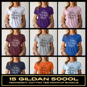 May include: A mockup bundle of 15 Gildan 5000L midweight cotton t-shirts in various colours, including white, purple, pink, burgundy, grey, blue, navy, orange, and light blue. Each shirt features the text "Your Design Here" in a decorative font. The shirts are displayed on a person.