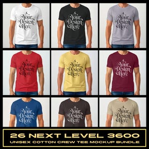 Puede incluir: Un paquete de maquetas de nueve camisetas unisex de algodón en varios colores, incluyendo blanco, negro, gris, rojo, amarillo, burdeos, azul, marrón y beige. Cada camiseta presenta el texto "Your Design Here" en una fuente decorativa. La parte inferior de la imagen dice "26 NEXT LEVEL 3600 UNISEX COTTON CREW TEE MOCKUP BUNDLE."