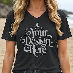 Simulazione di maglietta con scollo a V in tela nera Bella 3005, simulazione di maglietta con scollo a V nera BC 3005, simulazione di maglietta da spiaggia in jersey da donna, manica corta, scollo a V, tema estivo