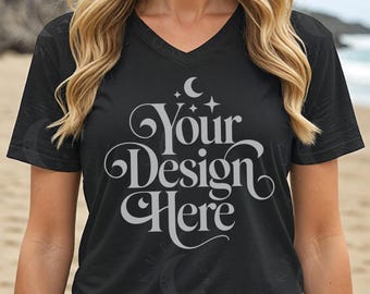 Black Bella Canvas 3005 Vneck Tshirt Mockup BC 3005 Black V-Neck Shirt Beach Mock-up Women Jersey Short Sleeve V-Neck Tee Summer Theme Mock