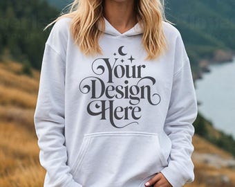 White Gildan 18500 Hoodie Mockup White G18500 Hooded Sweatshirt Mock-up Gildan Hooded Crewneck Mock White Gildan Hoodie Outdoor POD Mockup