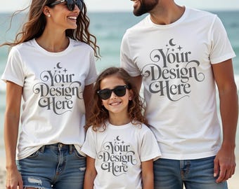 White Bella Canvas 3001 Family Matching Shirt Mockup BC 3001 and 3001Y White Fam Group T-Shirt Summer Mock-up Bella Vacation TShirt Mocks