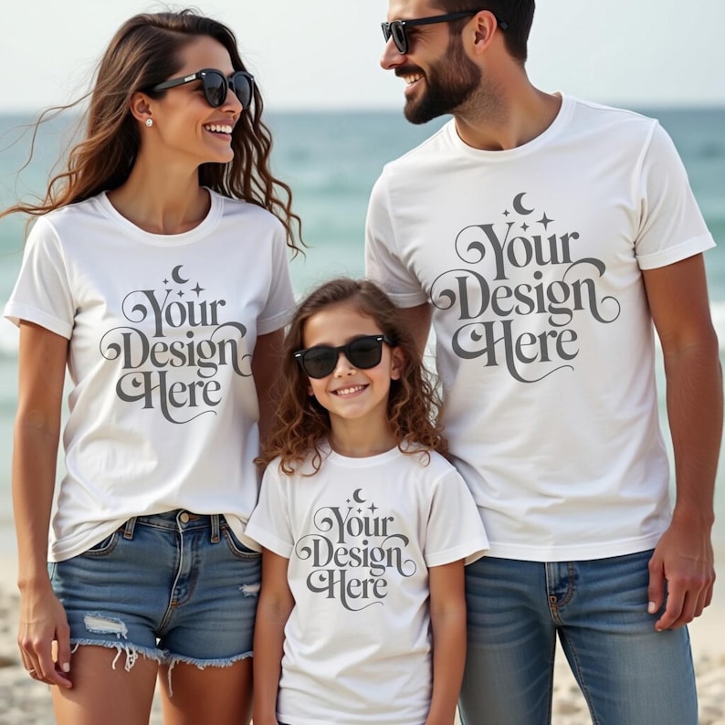 K&ouml;nnte beinhalten: Drei Personen tragen wei&szlig;e T-Shirts mit dem Text "Your Design Here" in einer dekorativen Schriftart. Sie tragen auch Sonnenbrillen und Jeansshorts oder Jeans. Der Hintergrund ist ein Strand mit dem Meer in der Ferne.