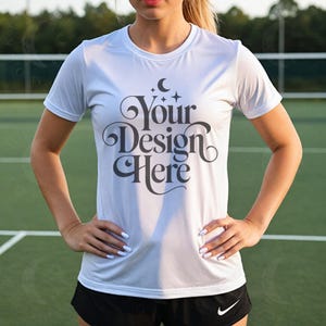 White Sport-Tek ST350 Mockup Sport Tek 350 Shirt Mock up Unisex Moisture Wicking Tee Women Model Mock-up Fitness Gym Sport Tek T-Shirt Mock