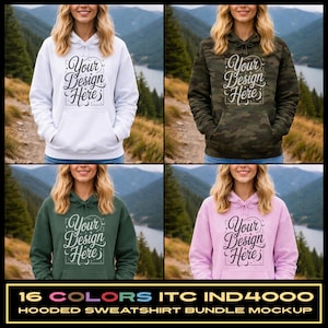 Puede incluir: Una maqueta de cuatro sudaderas con capucha en blanco, camuflaje, verde oscuro y rosa. Cada sudadera tiene un bolsillo delantero y el texto "Your Design Here". La parte inferior de la imagen dice "16 COLORS ITC IND4000 HOODED SWEATSHIRT BUNDLE MOCKUP".