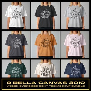 Op de afbeelding: Een mockup bundel van negen Bella Canvas 3010 unisex oversized boxy t-shirts. De t-shirts worden getoond in verschillende kleuren, waaronder wit, zwart, grijs, donkergrijs, oranje, roze, groen, crème en marineblauw. Elke shirt heeft de tekst "Your Design Here".