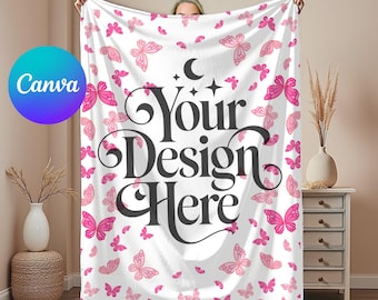 Blanket Mockup Template Velveteen Plush Blanket Mock-up Minky Blanket Mockups Drag & Drop Canva PNG Overlay POD Blanket Mock Display
