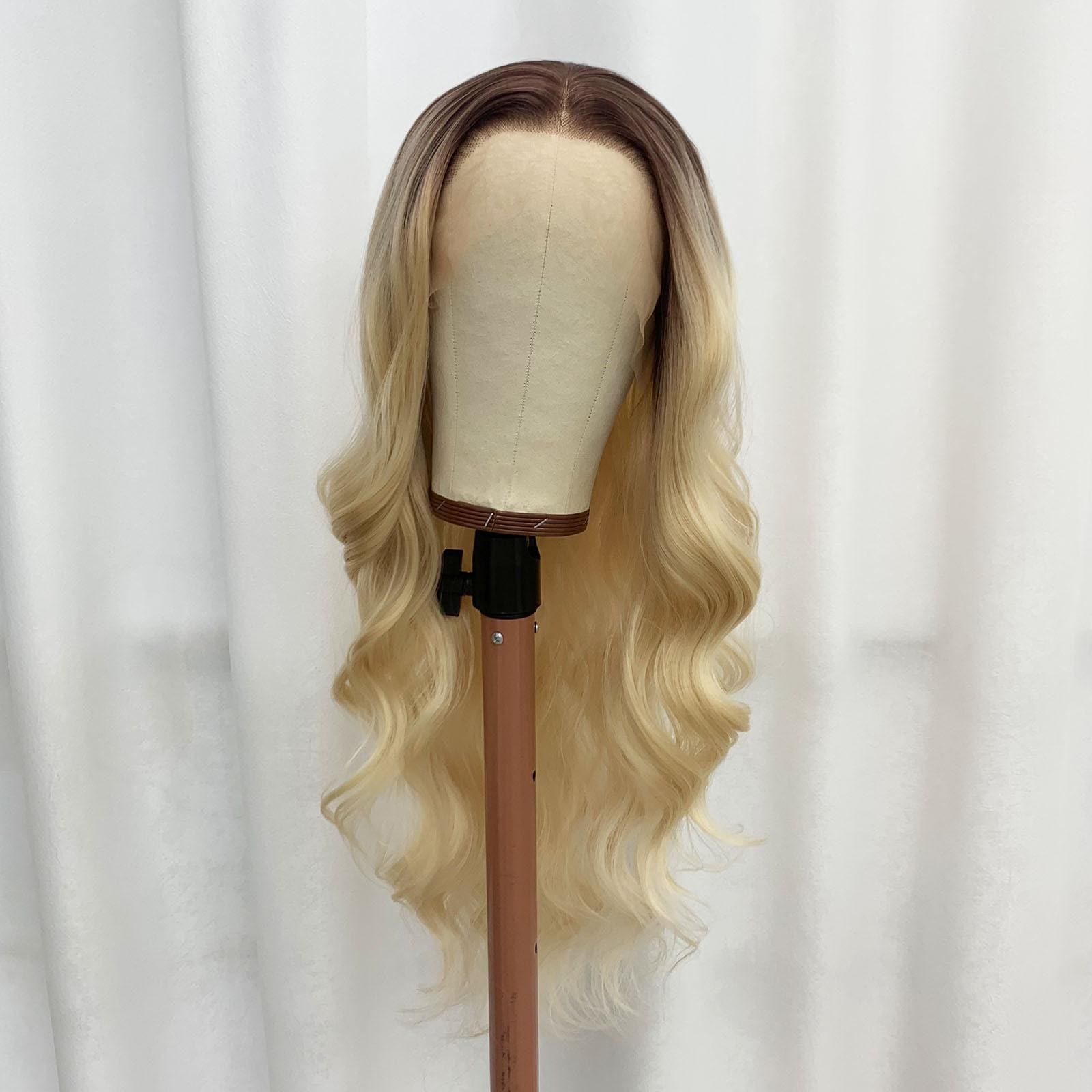 Ombre Blonde with Dark Roots Wave Lace Wig, Pre Plucked Synthetic Daily Wear Wig