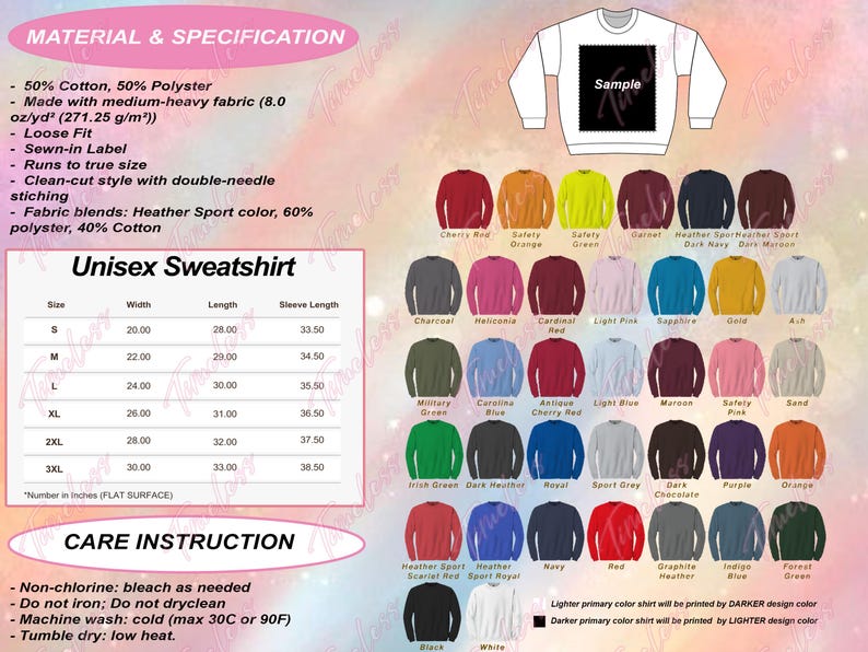May include: A white unisex sweatshirt with a black square for a design. The image shows a color chart with various sweatshirt colors and a size chart with measurements in inches. The care instructions are also included.