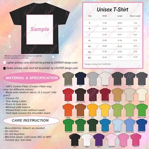 May include: Black unisex t-shirt with a white square for a custom design. The image includes a size chart with measurements in inches, color options, material specifications, and care instructions. Made of 100% cotton.