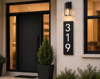 Puede incluir: Una placa de dirección rectangular negra con los números 319 en blanco. La placa está montada en una pared de piedra de color claro junto a una lámpara exterior negra. Se ve una puerta principal negra.