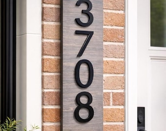 Vertical House Number Sign Modern Wood Address Plaque with Raised Black Numbers Outdoor