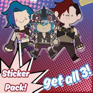 May include: A sticker pack featuring three cartoon characters. The characters are a blue-haired person with a bandage on their arm, a blue-skinned person with a spiked helmet, and a red-haired person with a mustache. The sticker pack is advertised with the text "sticker pack! get all 3!"