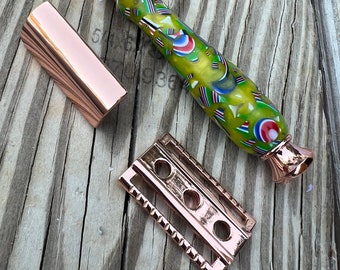 Copper and Yellow Green Safety Razor Handmade