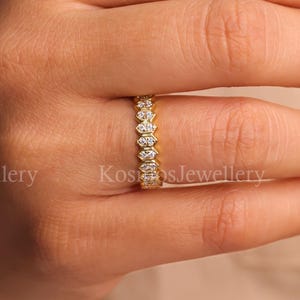 14K Gold Moissanite Hexagon Wedding Band - Art Deco Stackable Ring