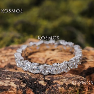 Marquise & Round Diamond Eternity Band, Unique Wedding Ring, Full Eternity Stacking Ring, White Gold Anniversary Ring, Bridal Jewelry
