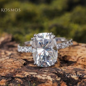 2 carat Long Cushion Moissanite Ring, Paved Diamond Engagement Ring, 14K White Gold, Classic Beauty, Promise Ring for Her, Gift for Mom