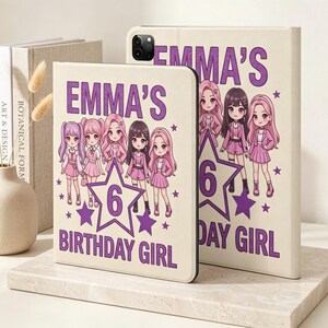 May include: Two cream-colored tablet cases featuring a purple graphic of five anime-style characters, a large star with the number 6 inside, and the purple text EMMA'S BIRTHDAY GIRL. The cases have a smooth finish and a camera cutout on the back.