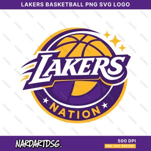 May include: A circular Lakers basketball logo in purple, gold, and white. The word "Lakers" is prominently displayed, with "Nation" below. The logo includes a basketball graphic and stars. Text at the top reads "LAKERS BASKETBALL PNG SVG LOGO".