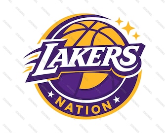 May include: A circular Lakers basketball logo in purple, gold, and white. The word "Lakers" is prominently displayed, with "Nation" below. The logo includes a basketball graphic and stars. Text at the top reads "LAKERS BASKETBALL PNG SVG LOGO".