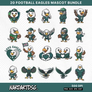 May include: A collection of 20 football eagle mascot illustrations in various poses and outfits. The eagles are depicted in green and white, some wearing hats or holding sports equipment. Text includes "20 FOOTBALL EAGLES MASCOT BUNDLE" and "LOVE EAGLES".