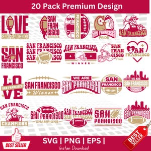 Puede incluir: Una colección de 20 diseños temáticos de San Francisco en rojo y dorado. Los diseños incluyen balones de fútbol americano, cascos, paisajes urbanos y texto como "LOVE", "Pride" y "Champions". La imagen también incluye el texto "SVG | PNG | EPS | Descarga instantánea".