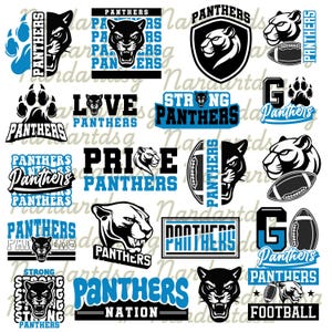Puede incluir: Una colección de gráficos en blanco y negro y azul con temática de Panteras. Los diseños incluyen cabezas de pantera, balones de fútbol, huellas de patas y texto como "Panthers", "Love", "Strong", "Pride" y "Nation".