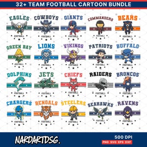 Puede incluir: Un paquete gráfico digital con más de 32 ilustraciones de dibujos animados de mascotas de equipos de fútbol americano de la NFL. Cada diseño incluye el nombre del equipo y una pancarta estrellada. La imagen incluye el texto "32+ TEAM FOOTBALL CARTOON BUNDLE" y "NARDARTDSG."