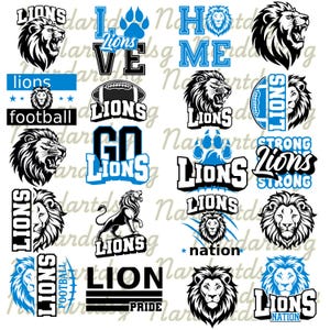 May include: A selection of lion-themed graphics in black and blue. Designs include lion heads, paw prints, and text such as "Lions", "Go Lions", "Lion Pride", and "Lions Nation". Suitable for sports enthusiasts.