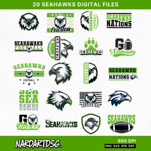 May include: A selection of 20 digital files showcasing Seattle Seahawks designs. The image presents various logos, including eagle heads, footballs, and text such as "Seahawks" and "Nations" in green and white. File type information and the text "500 DPI" are also included.