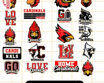 May include: A collection of red and black Cardinals-themed logos and graphics. Designs include the team name, bird illustrations, and phrases like "Pride," "Winner," and "Home." The image also includes file type information.