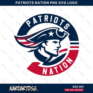 May include: A circular logo featuring the text "PATRIOTS" in white on a navy blue background. The logo includes a profile of a man wearing a tricorn hat with a star, and the text "NATION" in red. The logo also includes the text "NARDARTDSG."
