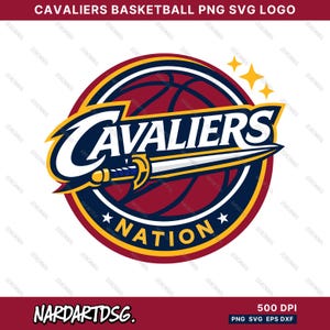 May include: A circular logo for the Cavaliers basketball team. The logo features the word "CAVALIERS" in white, outlined in blue and yellow, with a sword. The word "NATION" is at the bottom. The background is a basketball and a red circle.