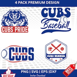 May include: Four baseball-themed designs in blue and red, featuring the word "CUBS." One design includes a bear graphic and the words "CUBS PRIDE." Another says "CUBS Baseball." The third design says "CUBS WE ARE." The fourth design says "CUBS WINNER."