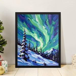 Aurora Borealis Digital Art, Northern Lights Painting, Winter Landscape Print, Oil Painting Style, Wall Art Download