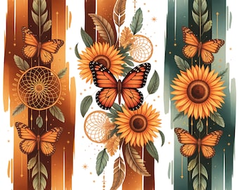 Digitale muurkunst boho vlinder en zonnebloem, afdrukbaar decor natuurthema, dromenvanger kunstprint, boho woondecoratie